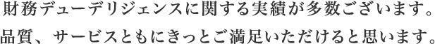 財務デューデリジェンスに関する実績が多数ございます。品質、サービスともにきっとご満足いただけると思います。